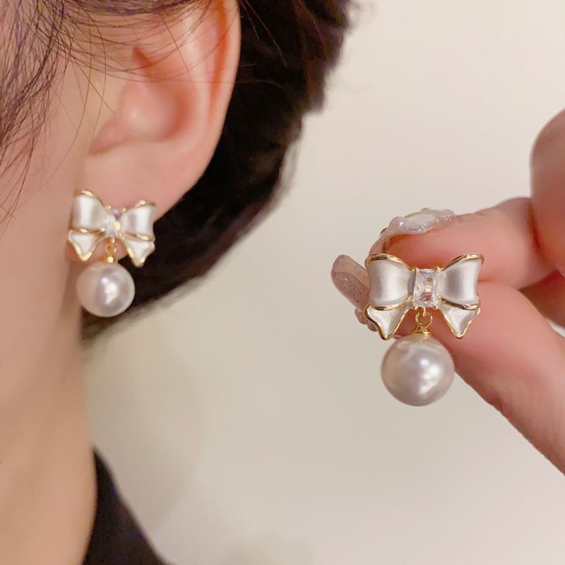 Nuovi orecchini di perle con fiocco e fiocco per donna, design di nicchia, gioielli di lusso in argento con aghi per le orecchie_voghion.com