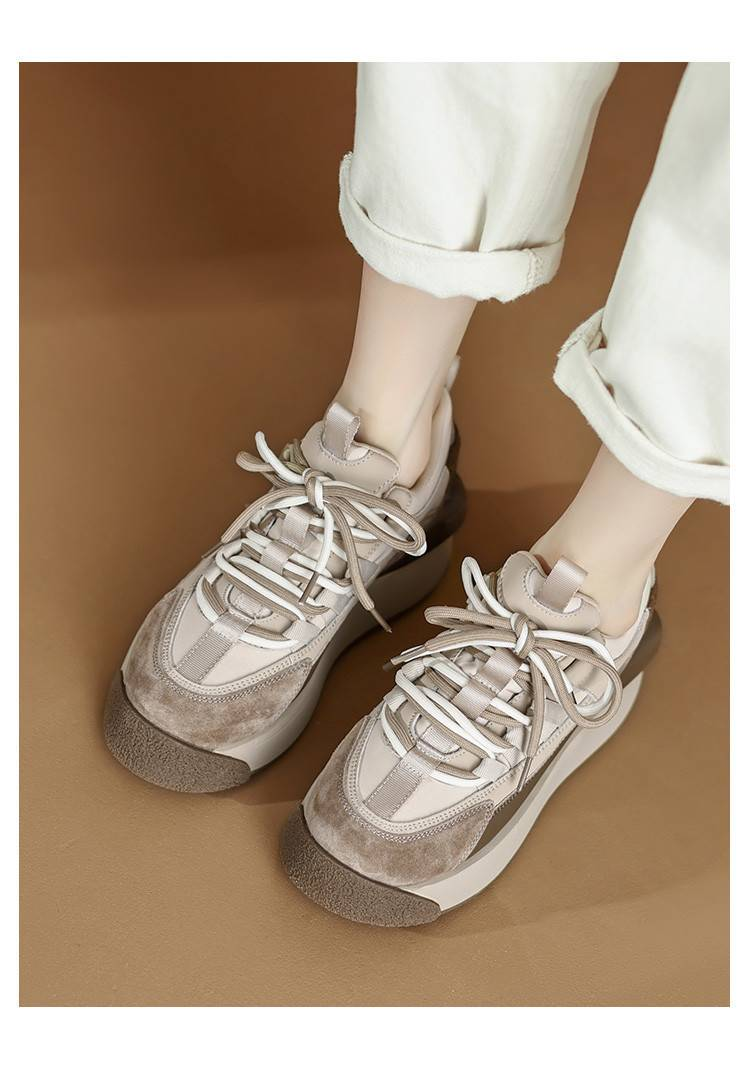cameido Women's 2024 retro casual dad shoes with thick soles, made of nubuck leather in color-blocking design._voghion.com