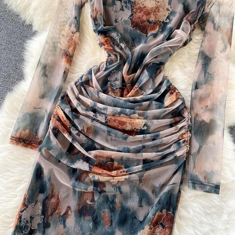 Rochie de seară elegantă cu mânecă lungă, cu guler pătrat și imprimeu, plisată, subțire, cu crăpături feminine, stil hip_voghion.com
