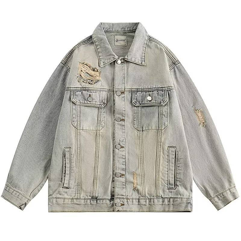 Distressed Denim Jacket - Oversized Hip-Hop Style With Embroidery & Ripped Details, Unisex Streetwear Coat For Men & Women_voghion.com