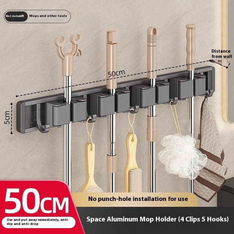Wandmontierter Besenhalter mit 3 Haken und 2 Clips, platzsparender Mopp-Organizer ohne Bohren, langlebiges Aluminium-ABS für Bad und Küche_voghion.com