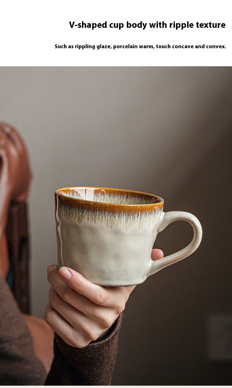 Elegante taza de cerámica marrón con diseño en V de ondas de agua: 350 ml, estilo retro, para café y té, ideal para el hogar y la oficina._voghion.com