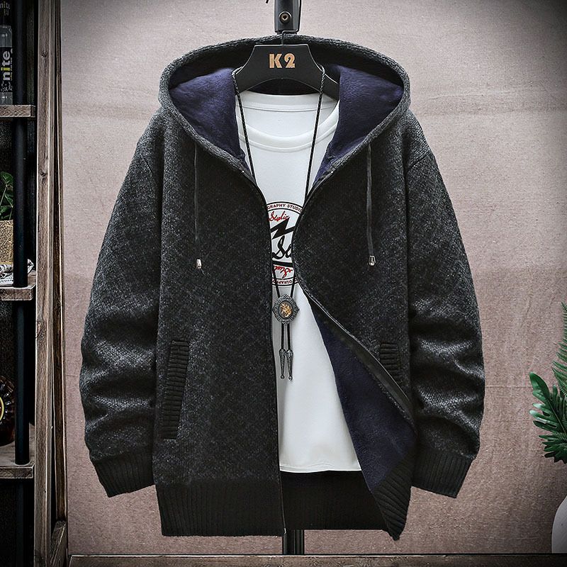 Herren-Kapuzenpullover mit Fleecefutter – Winter-Strickjacke mit Reißverschluss und weicher Wollmischung (M-3XL, Grau/Schwarz/Burgund)_voghion.com