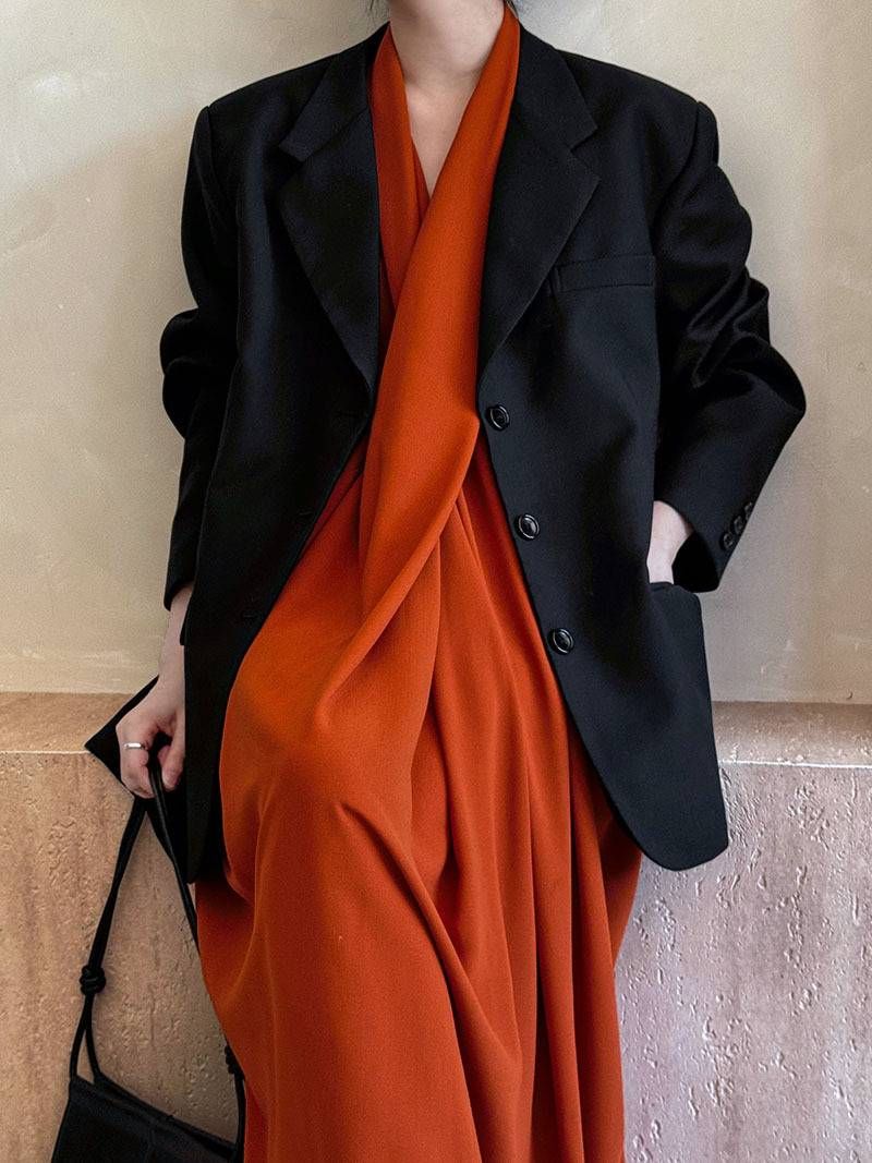 Giacca blazer casual a maniche lunghe in stile coreano da donna, vestibilità ampia vintage con tasche (marrone, nero)_voghion.com