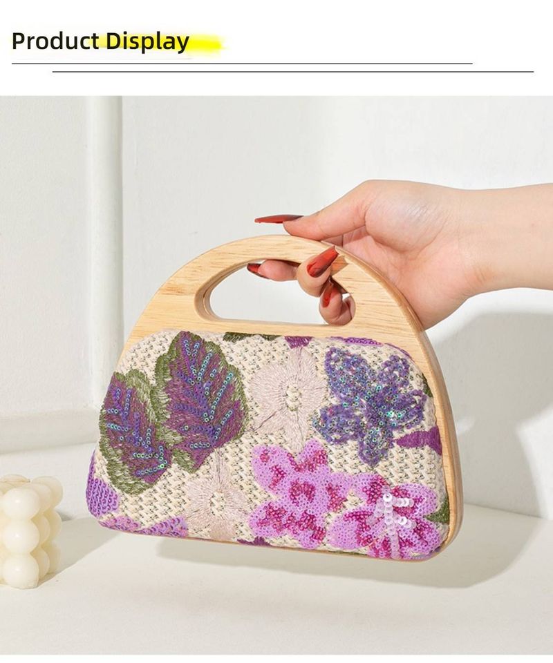 Pochette de soirée bohème en bois et osier avec tulle brodé et chaînette amovible, idéale pour les mariages bohèmes chics et les fêtes d'été._voghion.com
