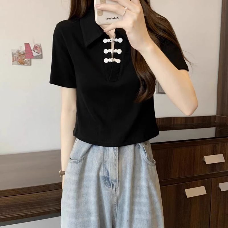 New buckle Chinese style sleeved T-shirt for women in summer 2024, covering the belly and showing off thinness, short_voghion.com