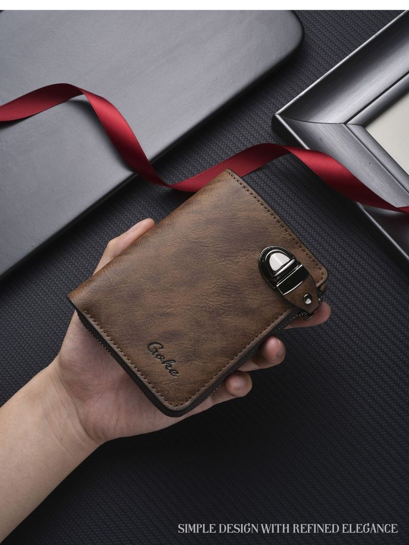 Cartera para hombre, estilo retro de alta gama, de PU, corta, con cierre para tarjetas de crédito y monedero._voghion.com