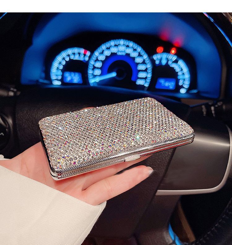 Estuche de acero inoxidable con doble cara de diamantes de imitación: soporte de lujo personalizable con espejo (cuadrado/rectangular, elegante y duradero)_voghion.com