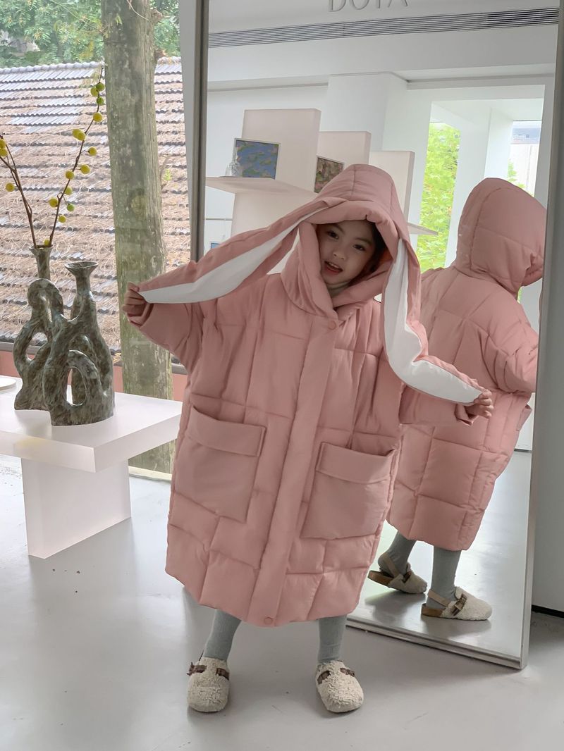 Children's Winter Cotton-padded Jacket For Boys And Girls Rabbit Ears Hooded With Rotator Sleeve Medium Long Cotton-padded Coat_voghion.com