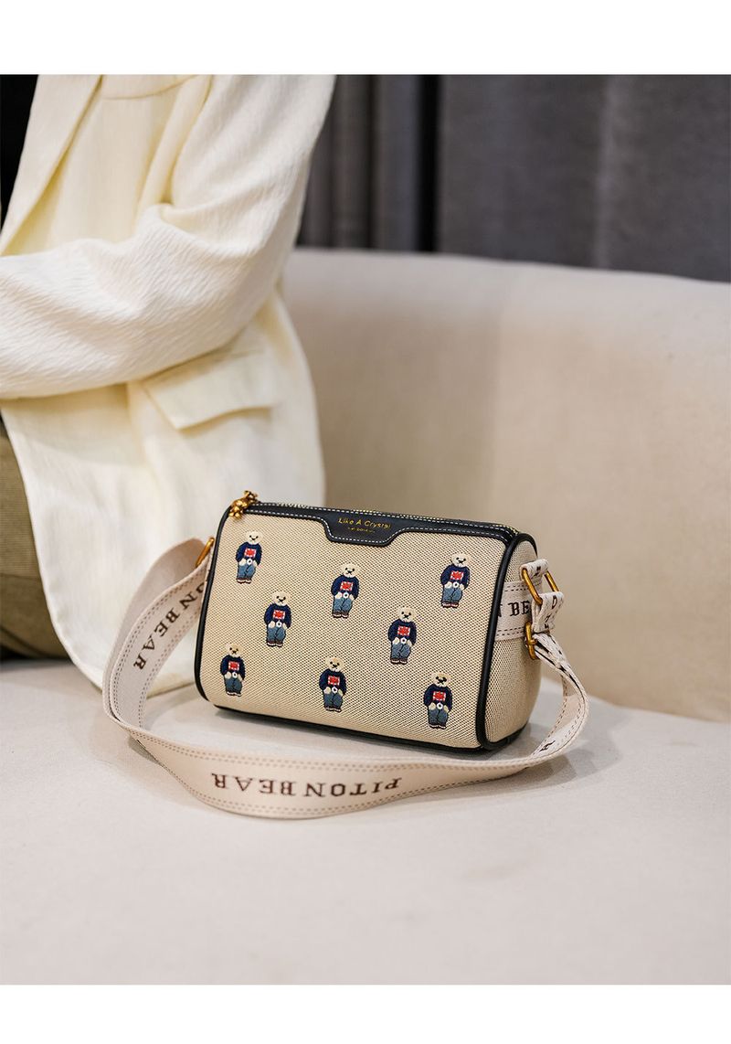Women's Bags canvas contrast color embroidery wide shoulder strap bag _voghion.com