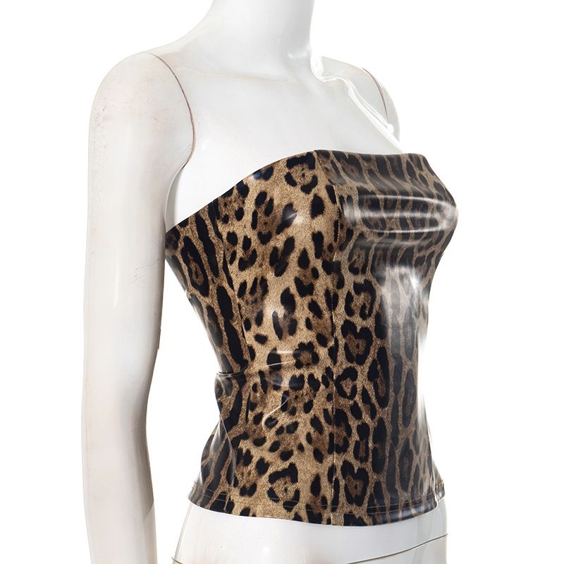 Damkläder Höst- och vintertopp Ärmlös dragkedja Leopardtryck Kort navel med exponerad midja T-shirt_voghion.com