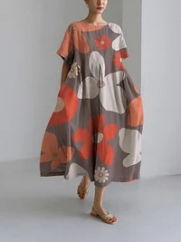 Abito da donna con stampa a maniche corte, alla moda, ampio e scollo rotondo_voghion.com