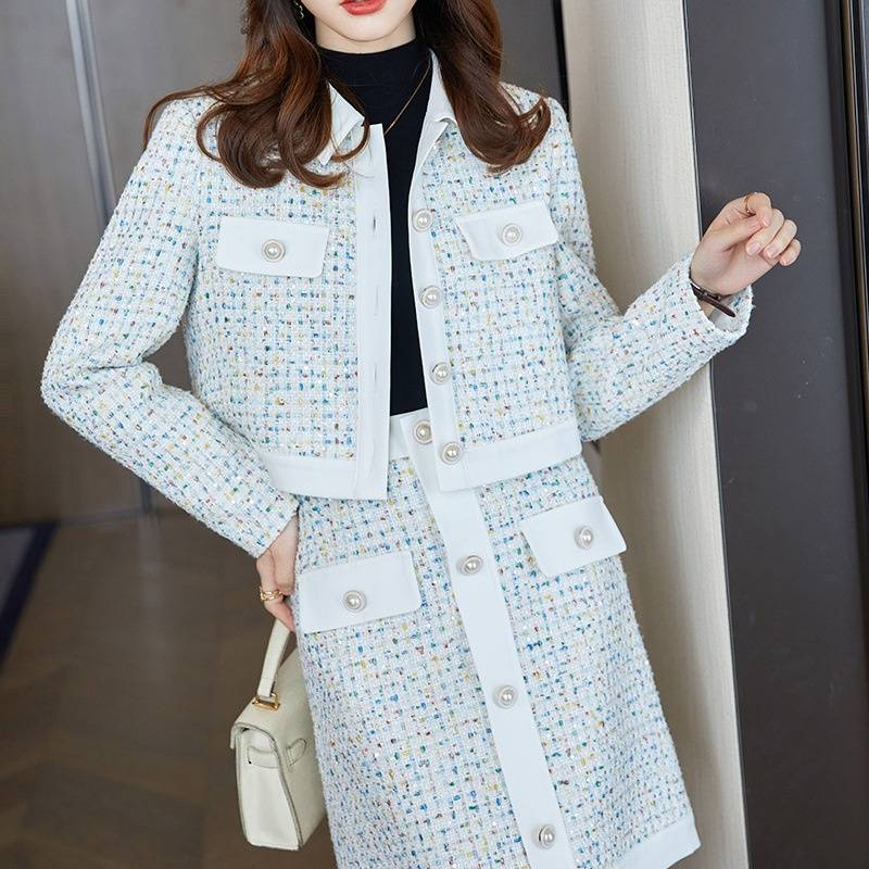 Damenbekleidung Zweiteiliger Anzug aus Tweed mit Karomuster im neuen Stil_voghion.com