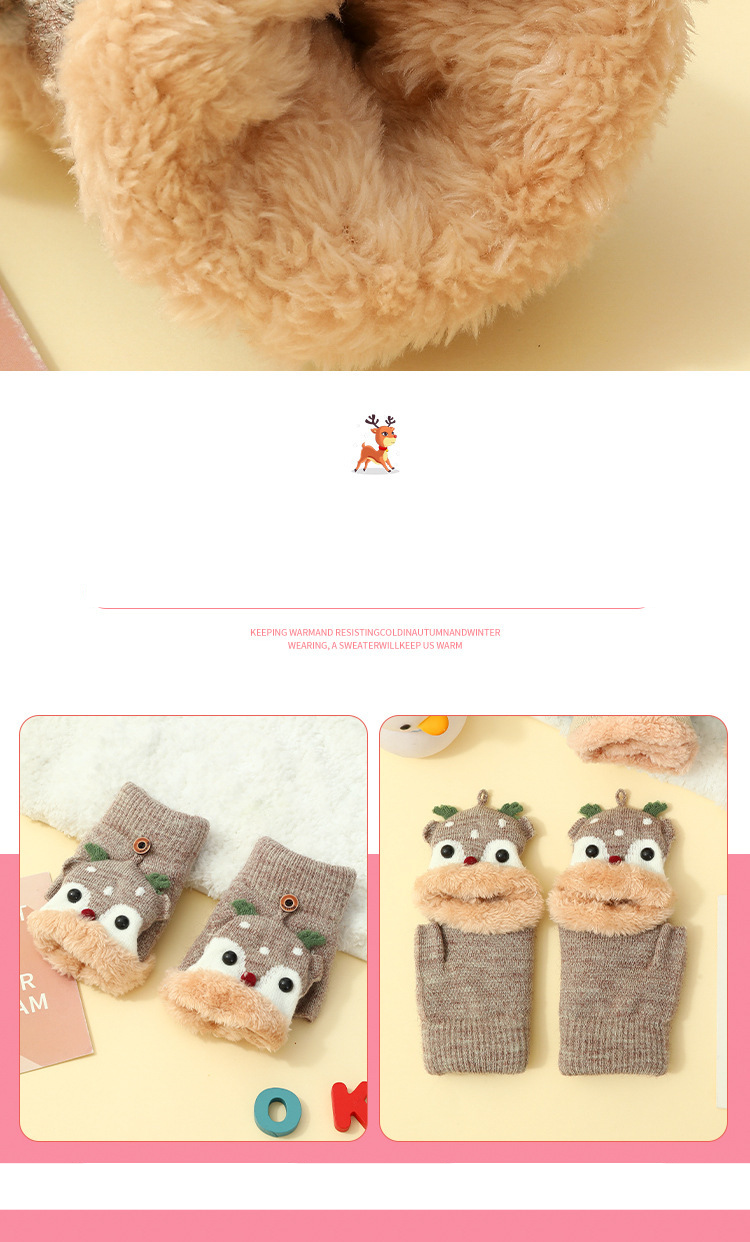 Świąteczne skarpetki z łosiem i aksamitnymi grubymi, jesiennymi/zimowymi, ciepłymi, dzianinowymi rękawiczkami dla kobiet, z półpalcami, studenckim pismem odręcznym, z otwartymi palcami i klapkami_voghion.com