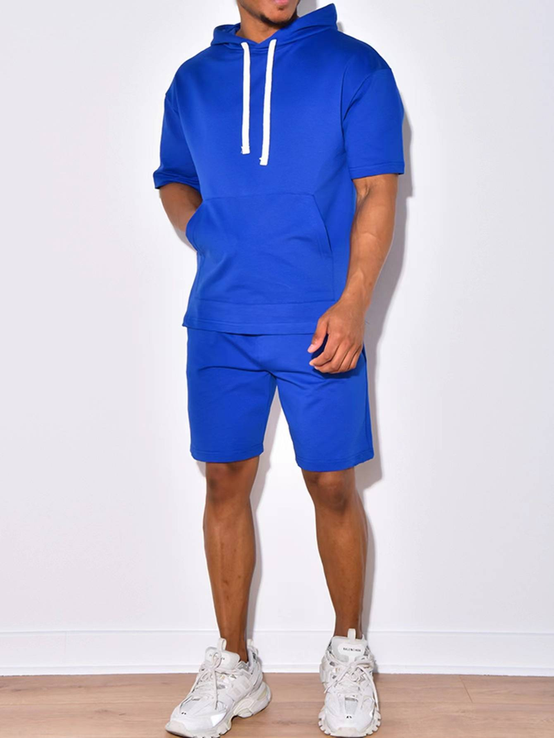 Nuovo prodotto 2025, abbigliamento sportivo casual da uomo europeo e americano, a maniche corte e pantaloncini, con cappuccio, tinta unita, due pezzi_voghion.com