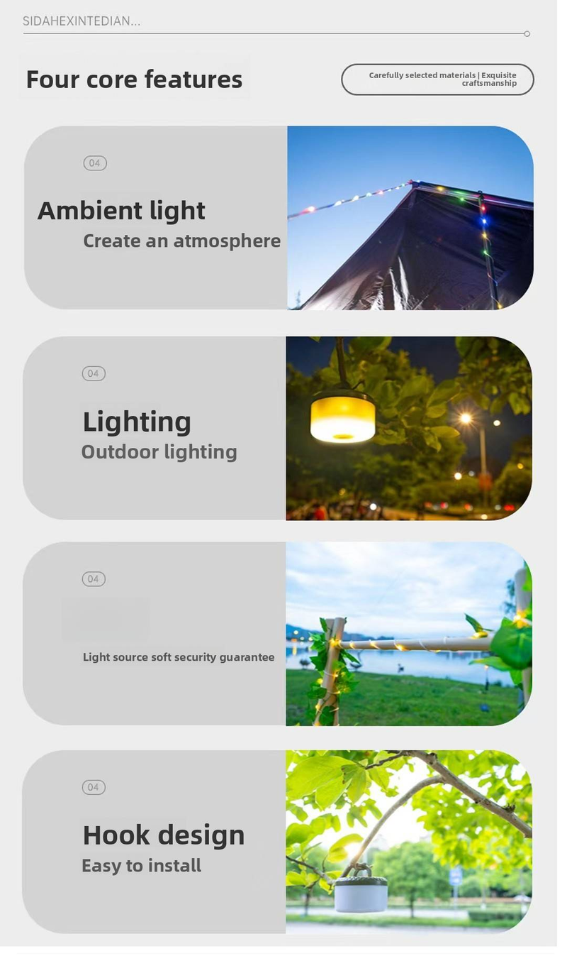 Cordão de luzes de acampamento à prova d'água de 10 m com 100 LEDs, carregamento USB tipo C, armazenamento em carretel IP65, modos quente e colorido para áreas externas, barraca, jardim, festa_voghion.com