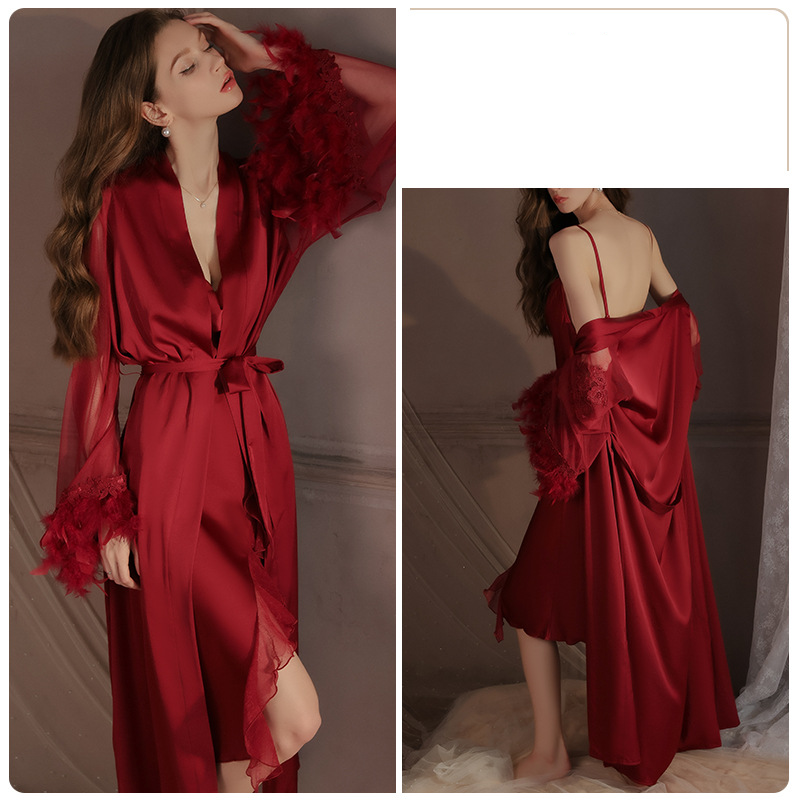Underwear & Sleepwears Deep V Neck Satin Slip Nightgown & Robe Set - Elegant Loungewear For Women, Soft & Breathable, Comfortable Sleepwear_voghion.com