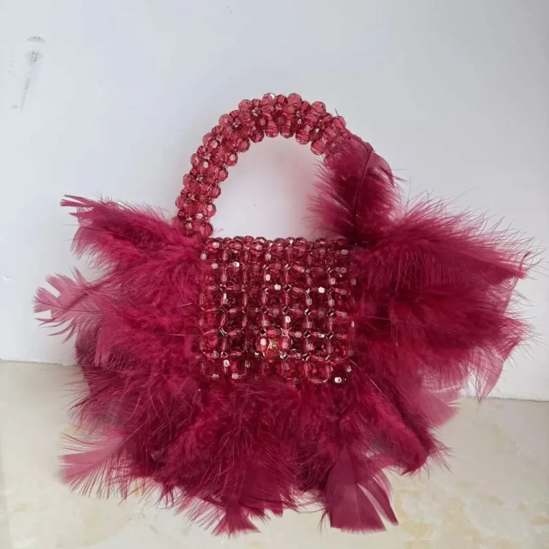 Handmade Small Green Bead With Feather Vacation Beading Handbag Deigner Beaded Ladie Party Bag Top-Handle Phone_voghion.com