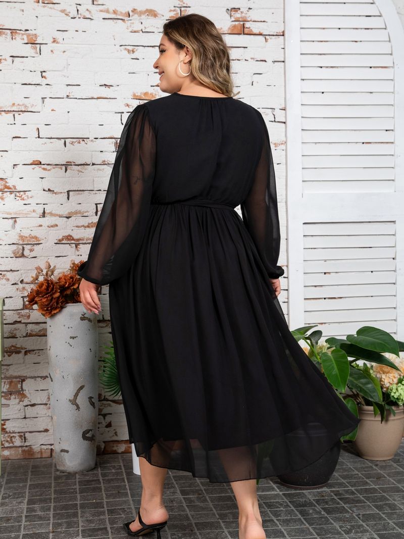 Große frauen Einfarbig Elegante Chiffon Taille Gewickelt Fett MM Kleid Frauen_voghion.com
