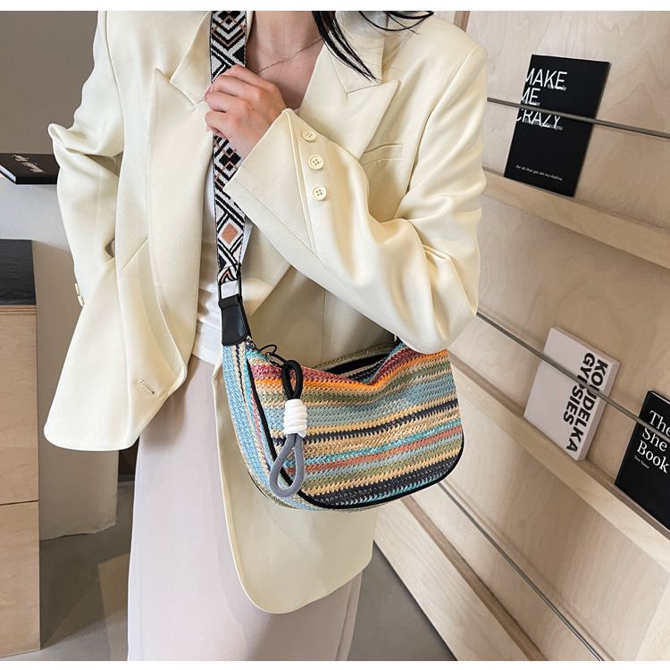 Sac à bandoulière simple tissé en herbe bohème pour femmes, nouvelle mode 2025, motif croix diagonale, motif boulettes_voghion.com