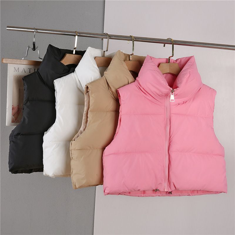Gilet matelassé sans manches pour femme, col montant court avec cordon de serrage, léger et compressible, idéal pour l'automne/hiver, style décontracté et streetwear._voghion.com