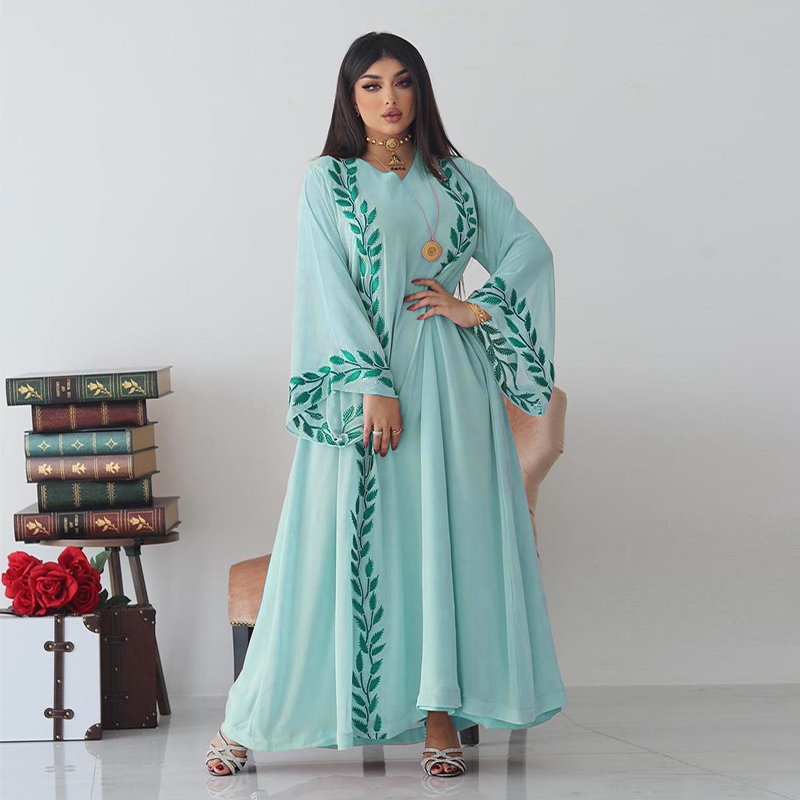 Damenmode Street Chiffon langes muslimisches besticktes rosafarbenes Rundhalskleid mit Hijab_voghion.com