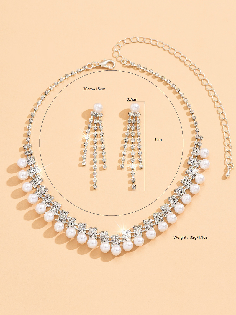 Nuovo set di orecchini con collana di strass di perle finte da donna, lusso leggero, di nicchia e versatile_voghion.com