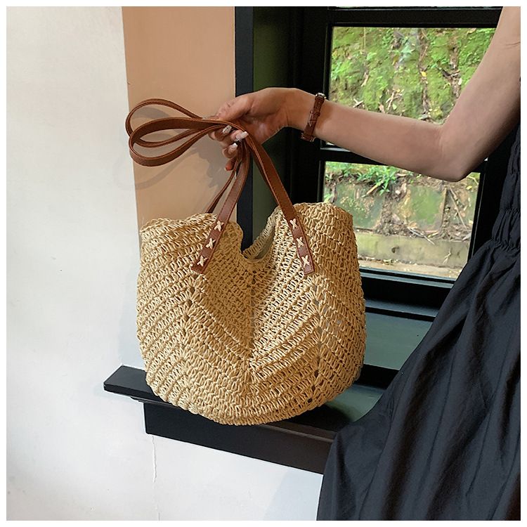 Borsa di paglia Borsa intrecciata Borsa di paglia intrecciata Mori Borsa da spiaggia per donna Borsa da spiaggia intrecciata Borsa a tracolla singola di grande capacità_voghion.com