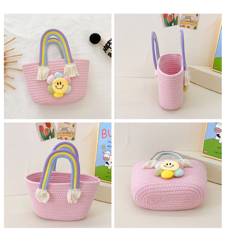Borsa per bambini Borsa da donna in corda di cotone intrecciata Borsa da souvenir Cesto di verdure Borsa a tracolla per bambini Borsa a forma di girasole con cartone animato Borsa arcobaleno_voghion.com
