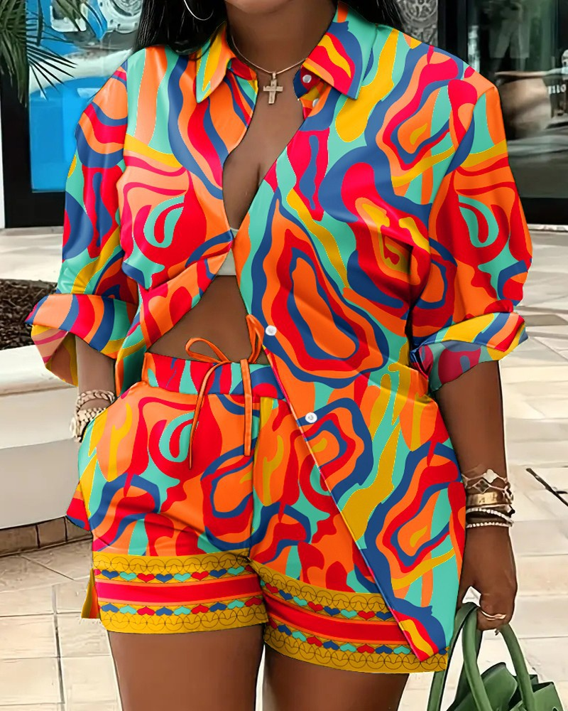 Women's Printed Suit Lapel Shirt Shorts Two-piece Set Long-sleeved Printed Button Lace-up Shorts Two-piece Set_voghion.com
