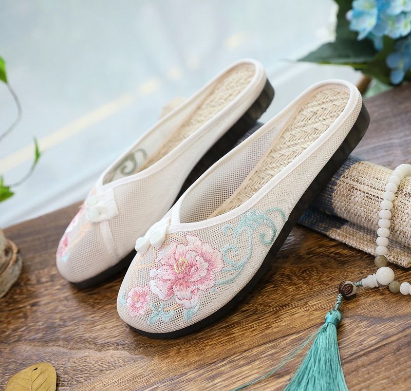 Solette in rete di lino, pantofole piatte ricamate, scarpe da donna 2025, sandali_voghion.com