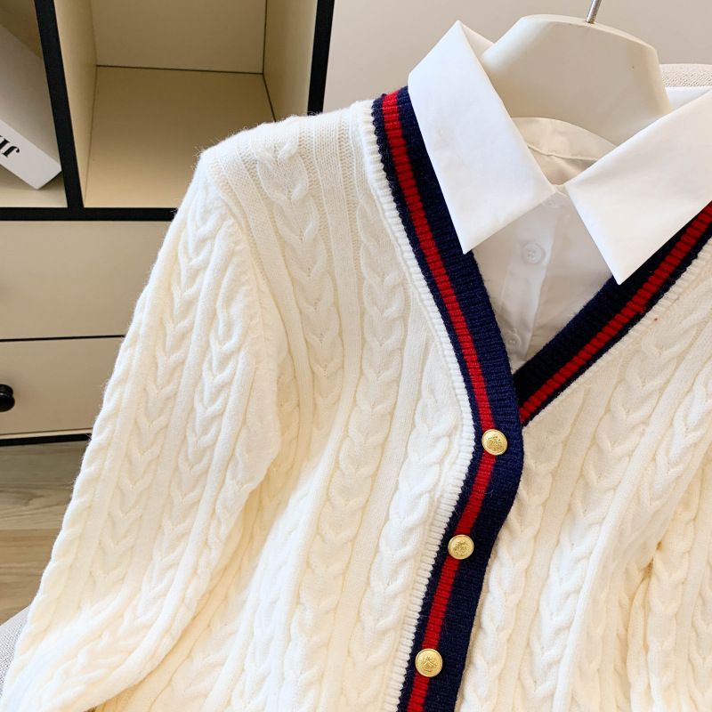 Cardigan preppy a strati con scollo a V – Maglione in maglia a trecce con finiture a contrasto e finto design a due pezzi (taglia unica, vestibilità aderente, stile accademico chic)_voghion.com