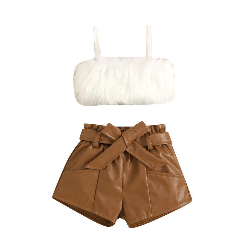 Baby Clothing Furry halter top Solid color open-pocket leather pantsuit with belt_voghion.com