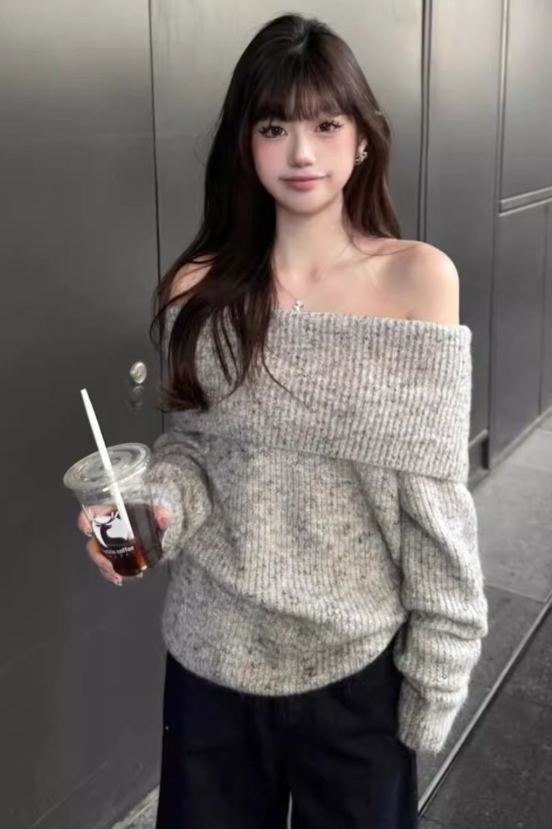 Grauer, schulterfreier Pullover im koreanischen Stil für Damen, Herbst und Winter, lässiger Stil, lockere Passform, elegant, für zierliche Frauen_voghion.com