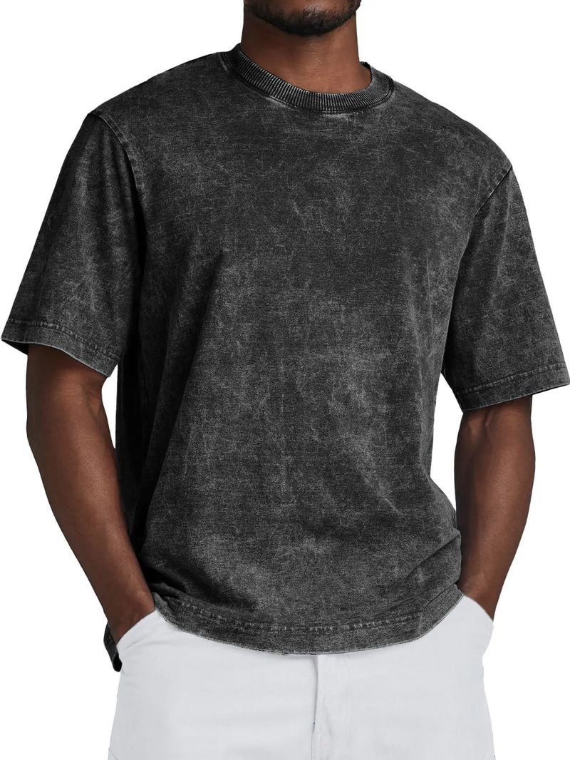 Camiseta vintage de algodão lavado para homens - ajuste macio e relaxado, respirável e confortável, gola redonda clássica, uso casual diário_voghion.com