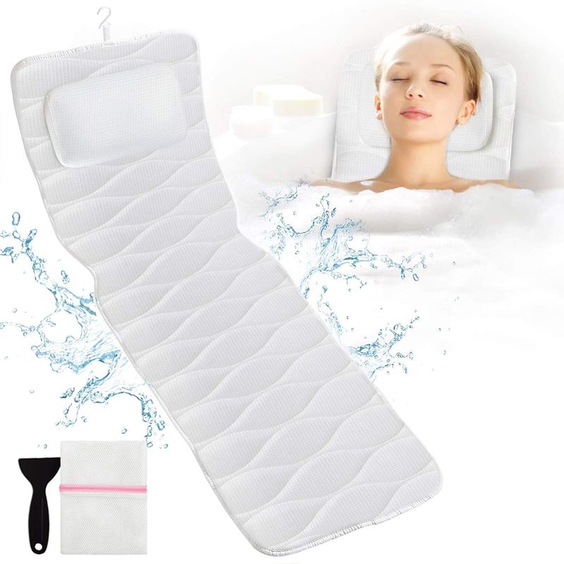 Tappetino per vasca da bagno AirMesh 5D certificato TÜV - 21 ventose super resistenti, 100% antiscivolo, cuscino per vasca idromassaggio completo con supporto per il collo, asciugatura rapida, lavabile in lavatrice_voghion.com
