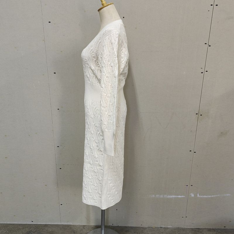 Elegante abito in maglia all'uncinetto traforato con scollo a V e maniche a lanterna per donna, abito midi aderente a vita alta in albicocca (taglia unica)_voghion.com