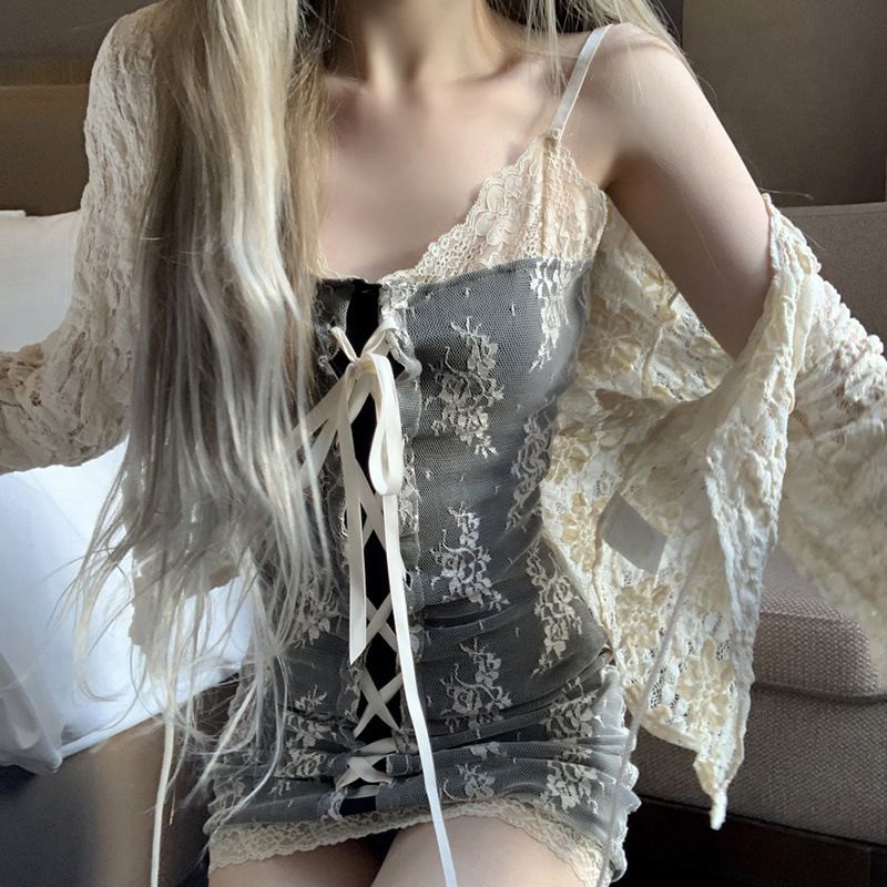 Pure Desire Lace Patchwork Slim Fit Bodycon Camisole Dress For Women Summer Lightweight Tie Long Sleeve Cardigan_voghion.com