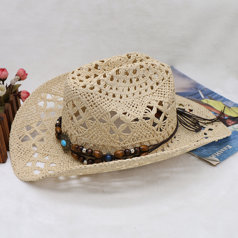 Hand-woven hollowed-out horseflower beach sunshade hats for men and women with cuffed cowboy hats_voghion.com