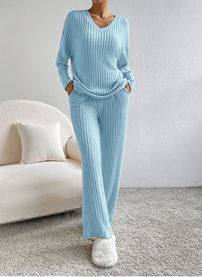 Dameskleding Tweedelig pak Mode Casual Rechte broek Temperament Losse V-hals Gestreept Gebreid Pak_voghion.com