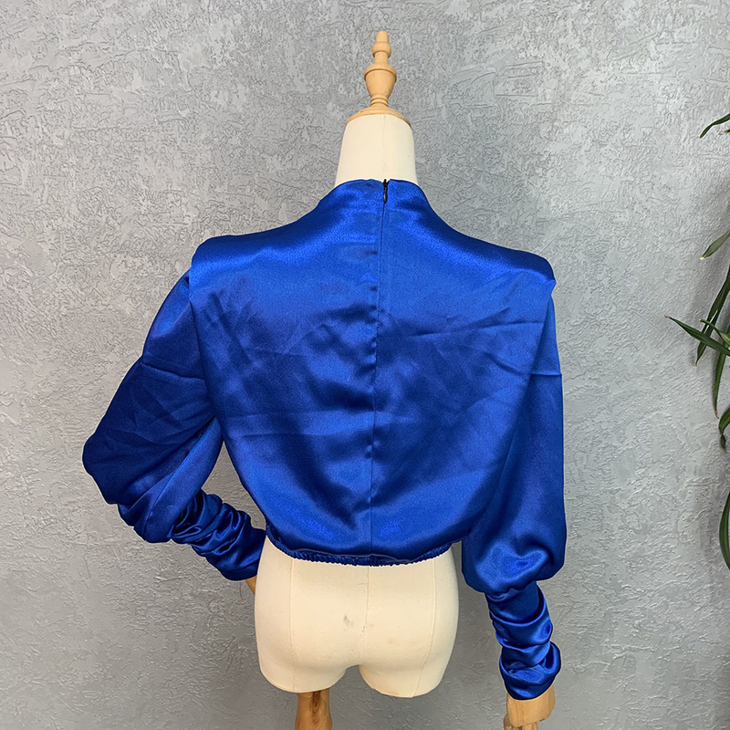 Women's woven tops fashion loose high collar long sleeves slim short tops _voghion.com
