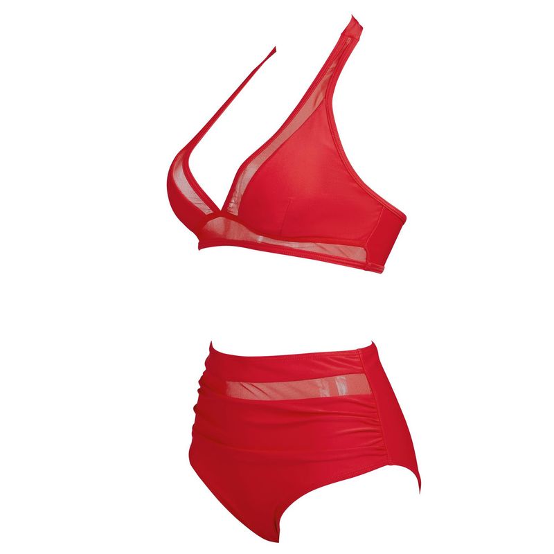Maillot de bain une pièce sexy ajouré couleur unie, maillot de bain une pièce en maille épissée, taille haute, décolleté plongeant_voghion.com