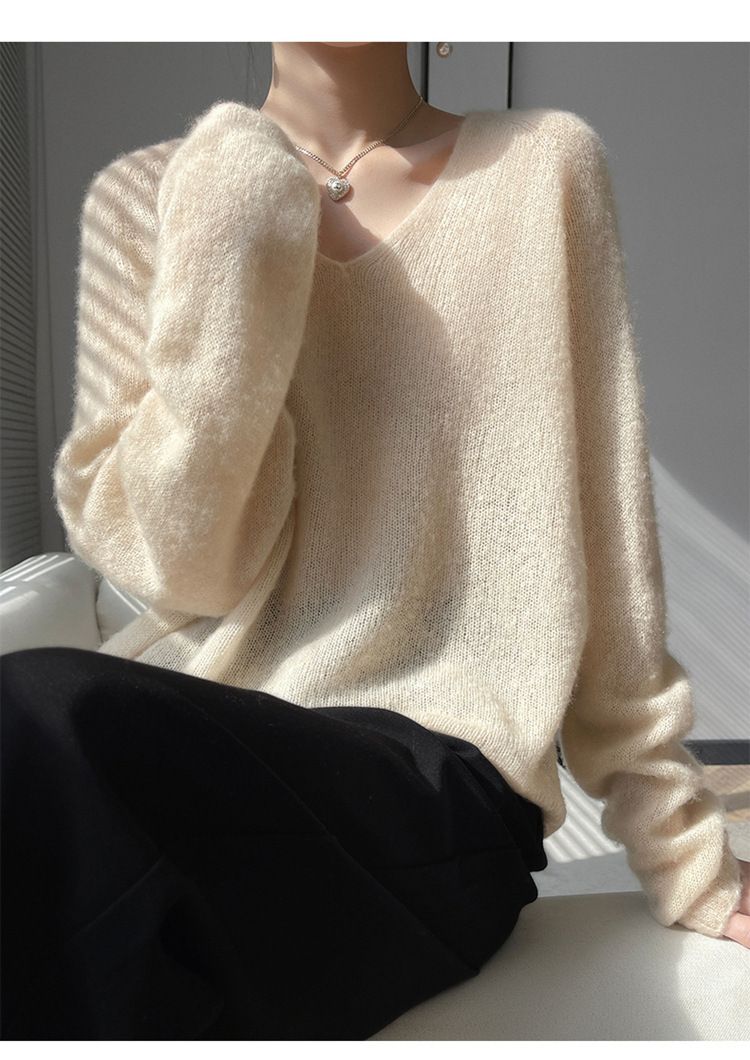 Pull col V en cachemire et soie sans coutures pour femme – Haut en tricot oversize aux couleurs pastel douces_voghion.com