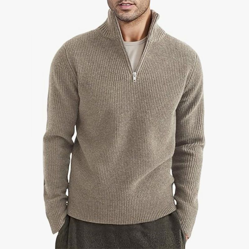 Suéter masculino de malha de inverno com gola de meio zíper - Pulôver grosso e quente, corte slim, lavável à máquina (cáqui/branco/cinza/preto/marrom)_voghion.com