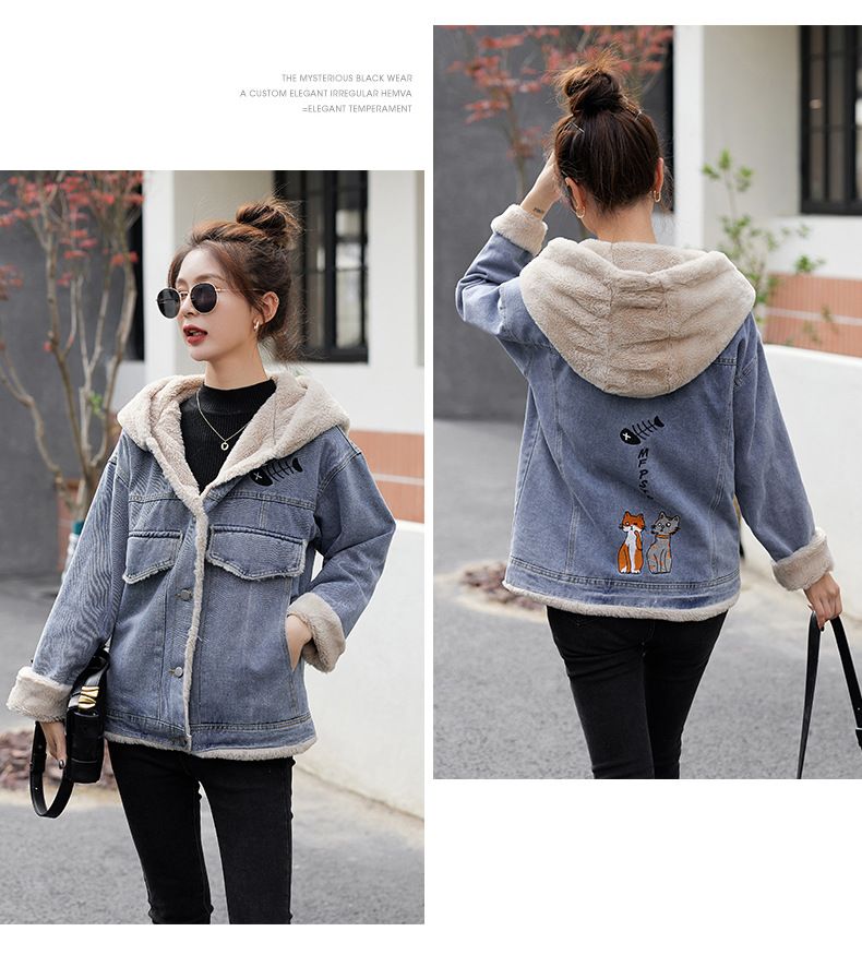 Giacca in denim con fodera in pile per donna - Cappotto corto oversize con colletto polo, caldo capo invernale per taglie piccole e alte_voghion.com