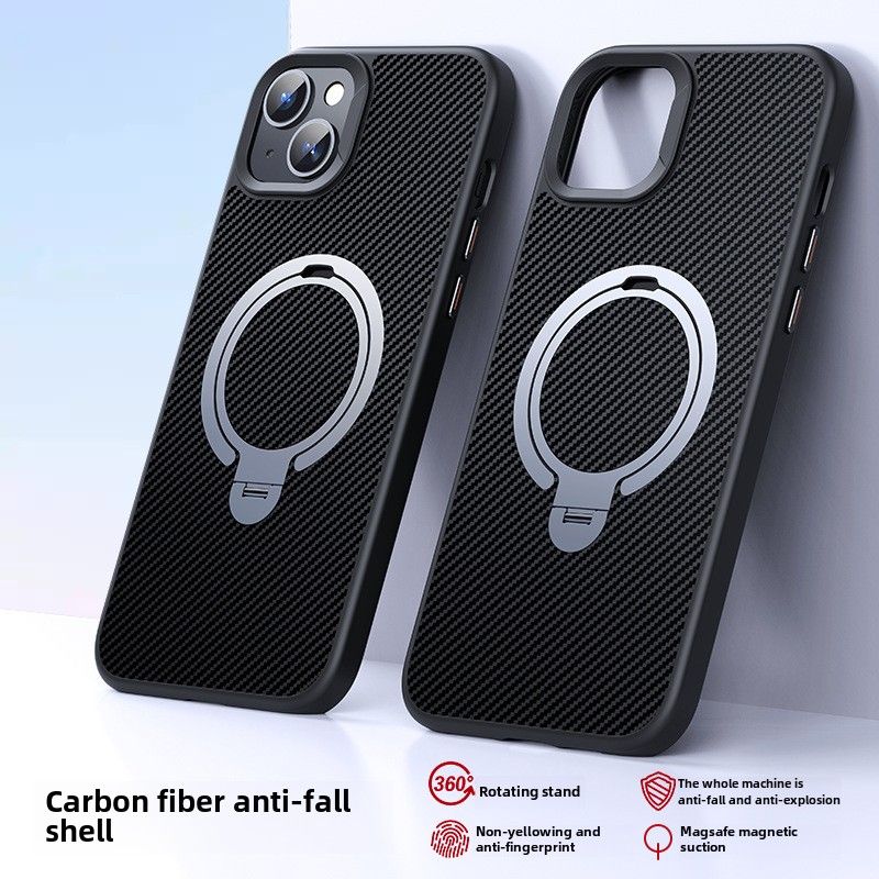 New iPhone15 carbon fiber mobile phone case, double ring magnetic suction bracket, suitable for iPhone15 Pro mobile phone case_voghion.com