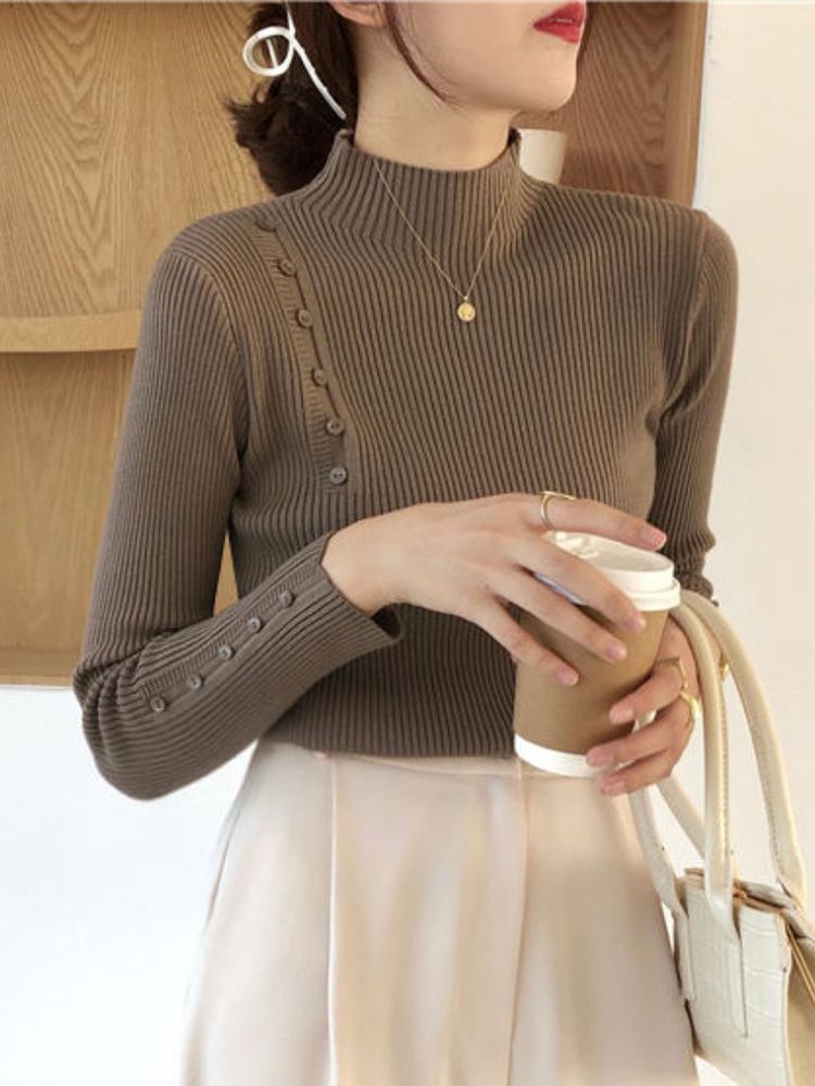 Maglione lavorato a maglia da donna, a maniche lunghe, con bottoni, a collo alto, sottile, per autunno e inverno, morbido e caldo, con fondo alto_voghion.com