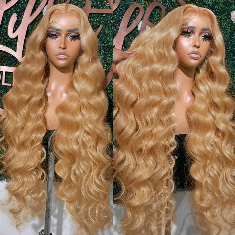 Honingblonde golvende kantpruik van menselijk haar, 24 inch, lijmloze zijden basis, volledige kantpruiken_voghion.com