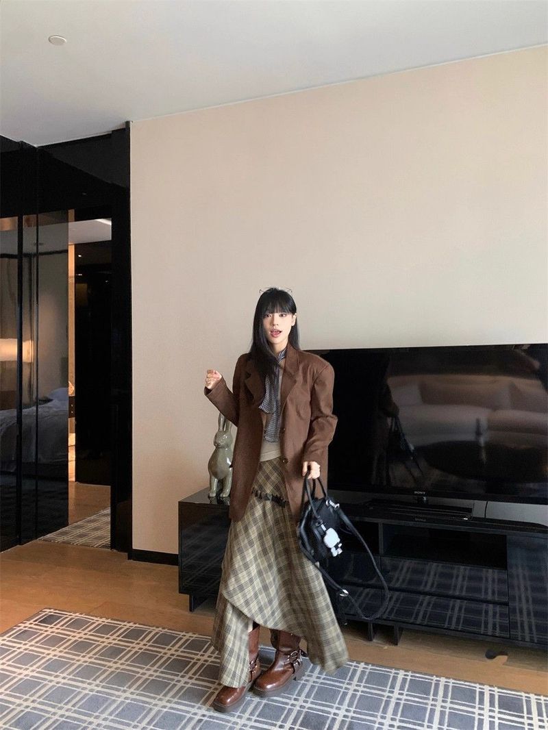 Ragazza Originale Qualità Tre Pezzi Set Per Donna Retro Autunno Inverno Nuovo Completo Giacca Scamosciata Base Camicia Gonna Scozzese_voghion.com