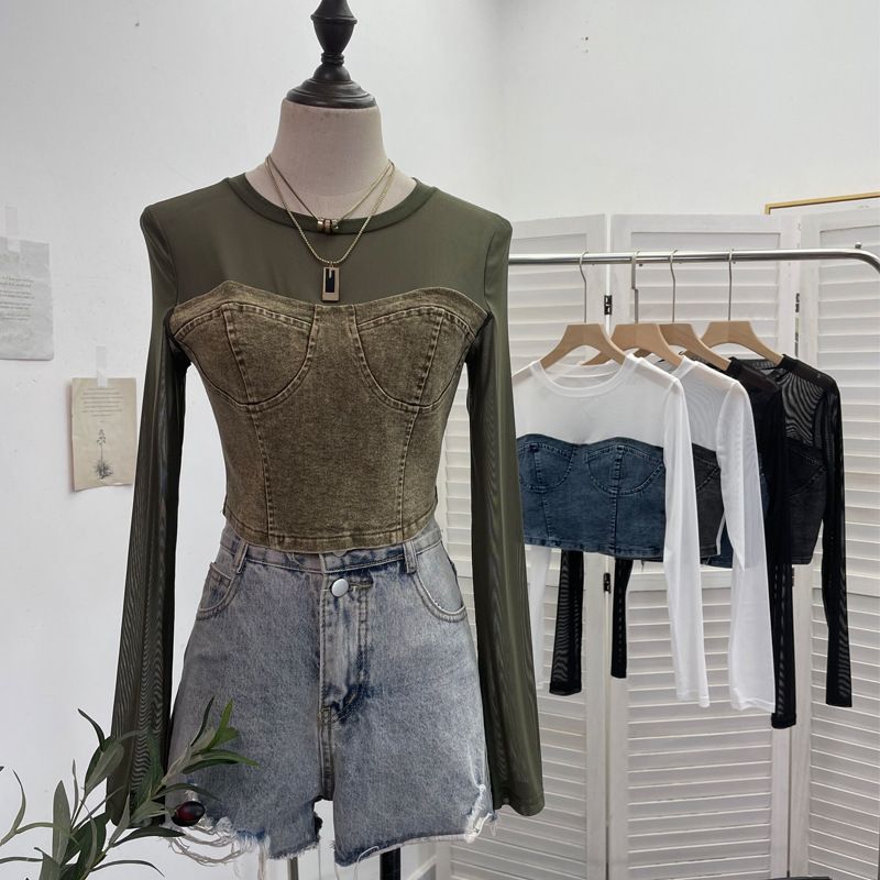Damenbekleidung Zweiteiliges Denim-Spleißen-Netz-Langarmoberteil Kurzer, freiliegender Bauchnabel Schlankes T-Shirt_voghion.com